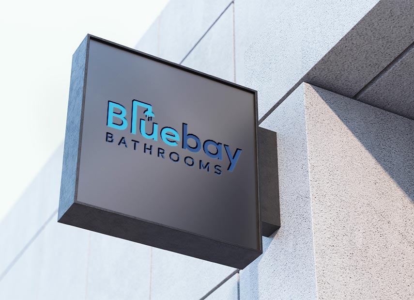 Bluebay Bathrooms logo on sign mockup by 9G Websites