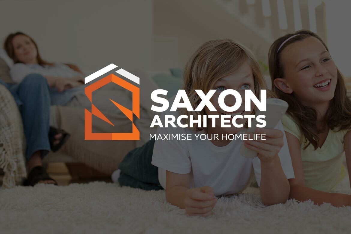 Saxon Architects logo over family image