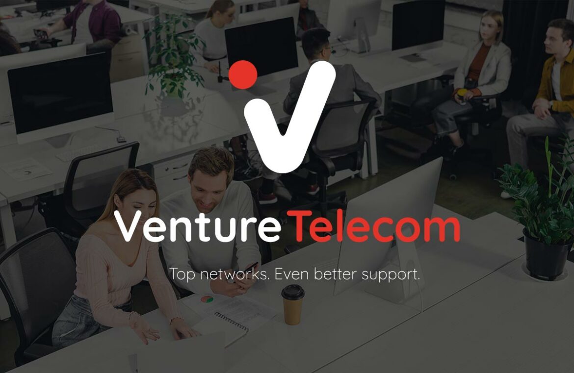 Venture Telecom logo over darkened office background