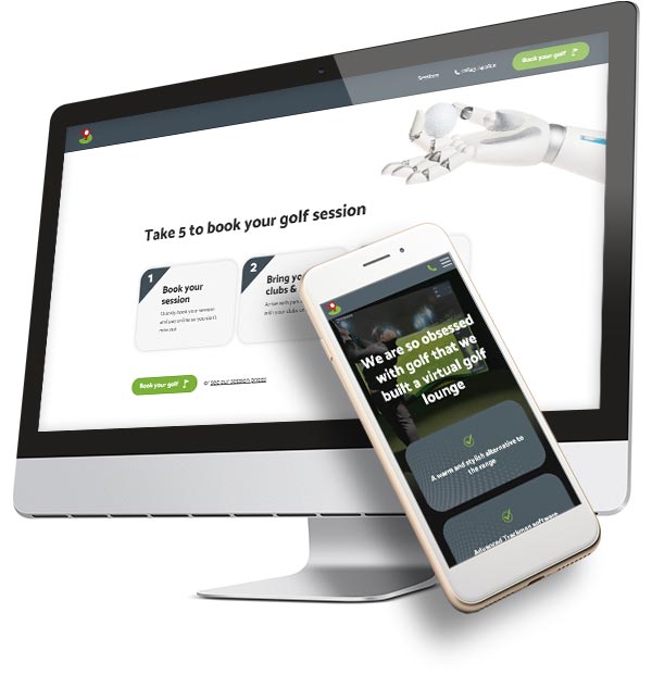 Woodmans Virtual Golf website design desktop mockup with mobile mockup