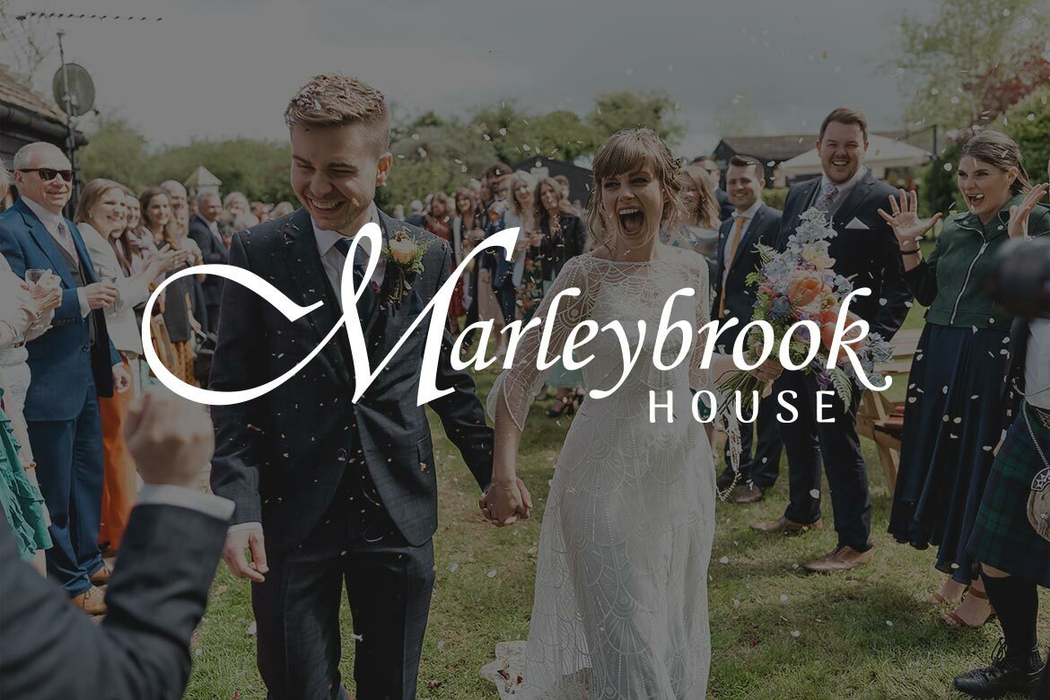 Marleybrook house logo over picture of couple at wedding dark